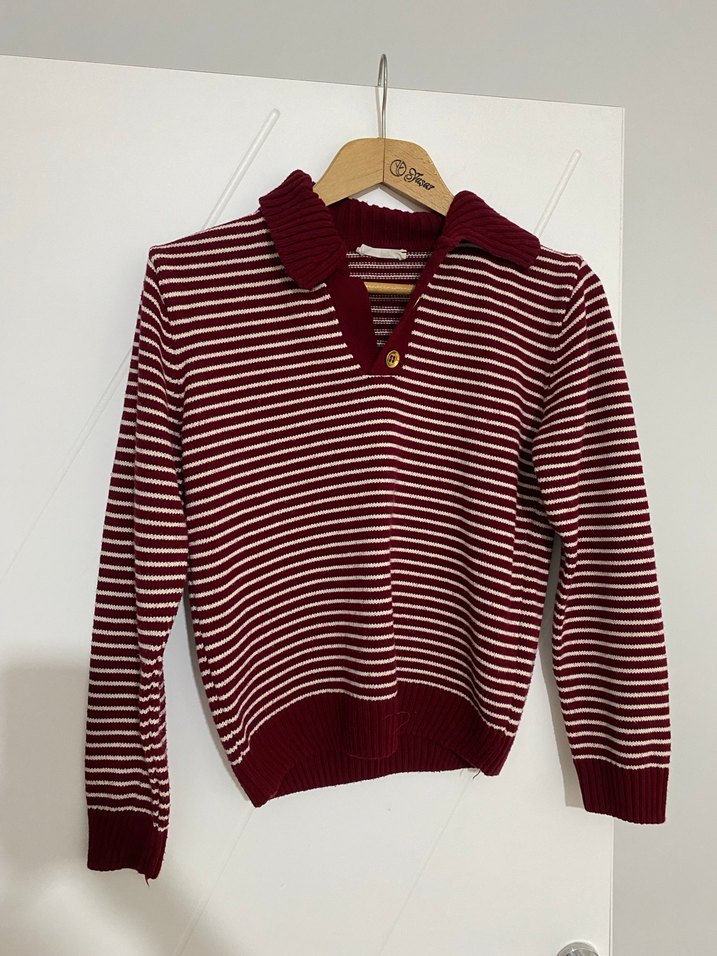Bordo Çizgili Polo Yaka Kadın Kazak - Görsel 2