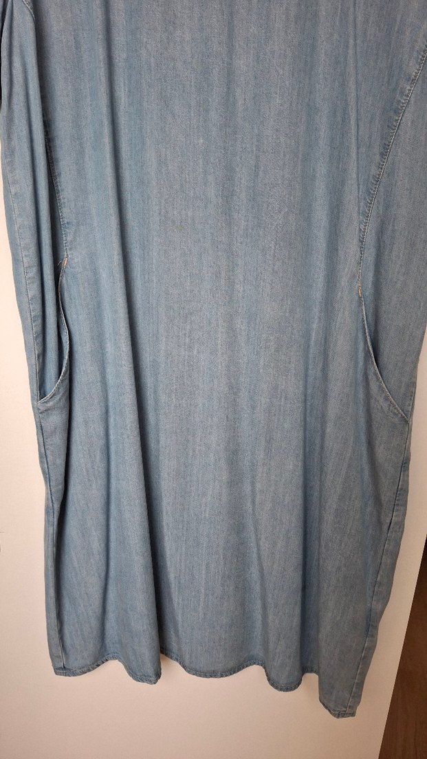 Drapeli Kısa Kollu Midi Kot Elbise - Görsel 3