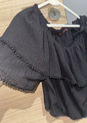 Siyah Keten Ruffle Detaylı Bohem Bluz - Görsel 2