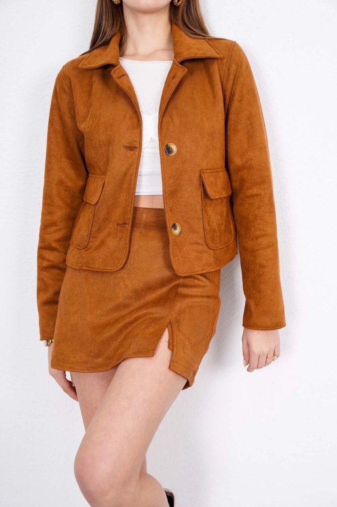 Kahverengi Süet Mini Ceket - Görsel 2