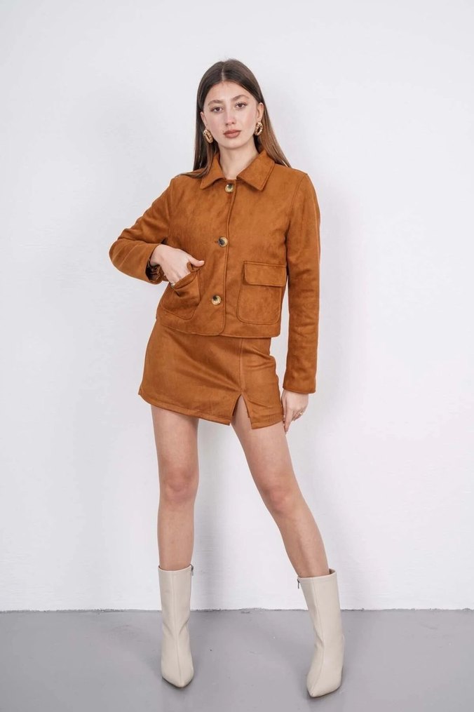 Kahverengi Süet Mini Ceket - Görsel 3