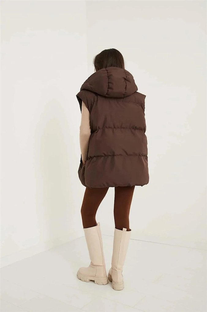 Kahverengi Kapüşonlu Kadın Şişme Yelek - Görsel 3