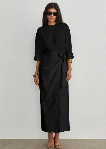 Kadın yandan bağlamalı içi astarlı fiyonklu uzun keten etek - Görsel 2