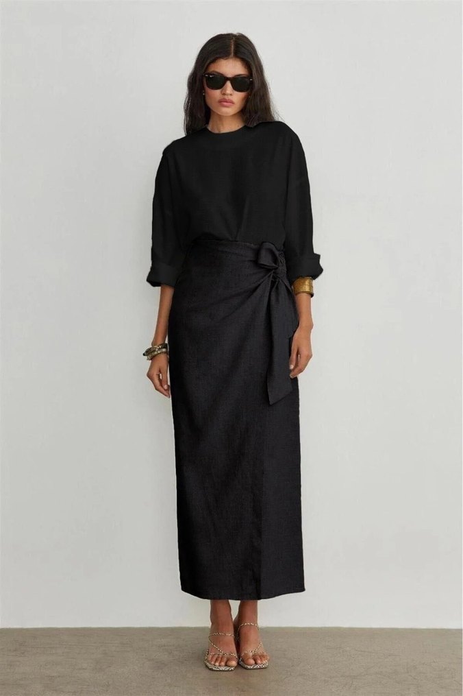 Kadın yandan bağlamalı içi astarlı fiyonklu uzun keten etek - Görsel 2