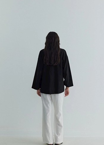 Kadın Siyah Salaş Keten Uzun Kollu Bluz - Görsel 2