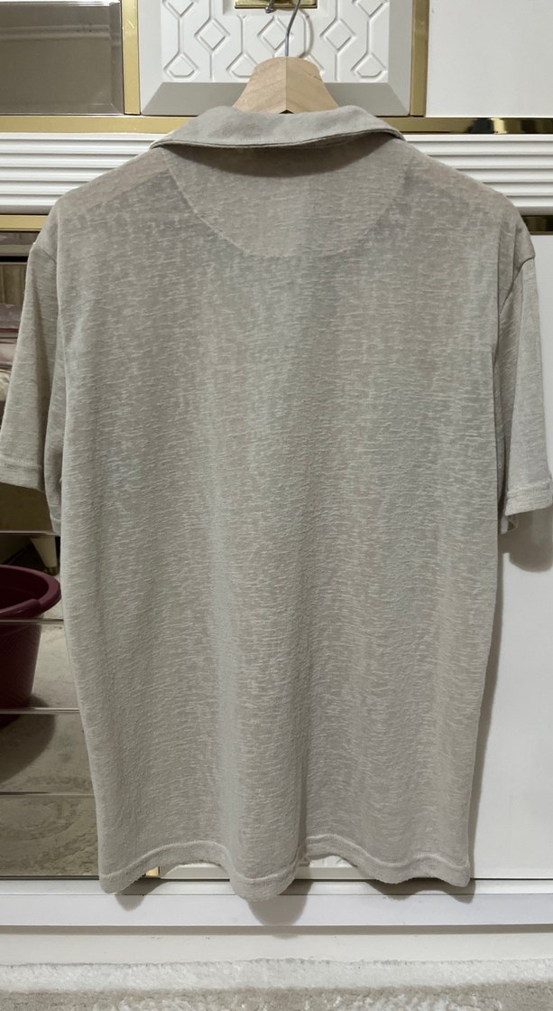 Erkek Bej Keten Kısa Kollu Polo Tişört - Görsel 2