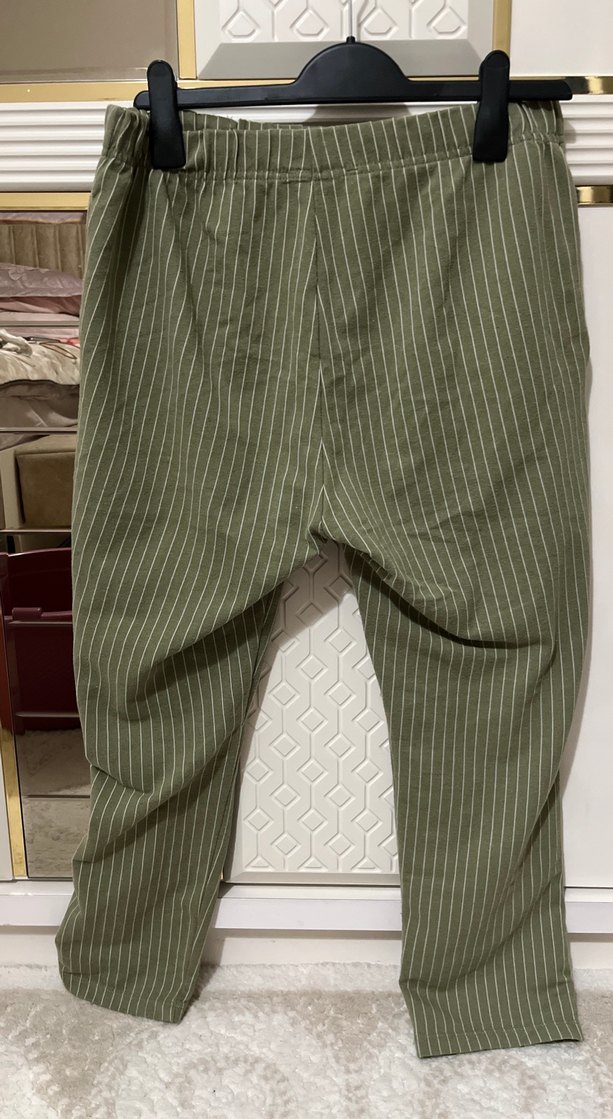 Yeşil Çizgili Kadın Keten Pantolon - Görsel 2