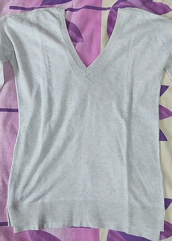 Gri V Yaka Kadın Kısa Kollu Triko - Görsel 2