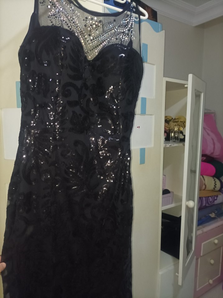 Payetli Siyah Uzun Abiye Elbise - Görsel 4