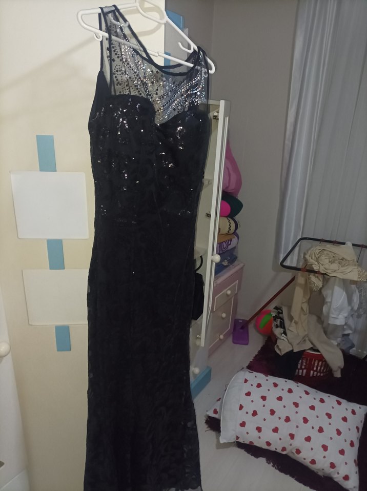 Payetli Siyah Uzun Abiye Elbise - Görsel 3