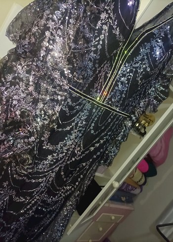 Mor Payetli Uzun Bohem Kadın Elbise abiye L beden - Görsel 4