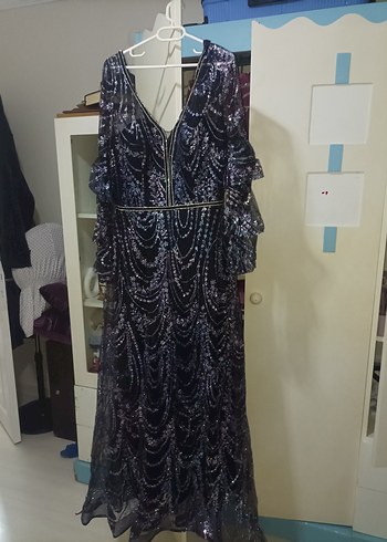 Mor Payetli Uzun Bohem Kadın Elbise abiye L beden - Görsel 2