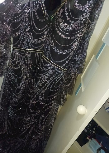 Mor Payetli Uzun Bohem Kadın Elbise abiye L beden - Görsel 5