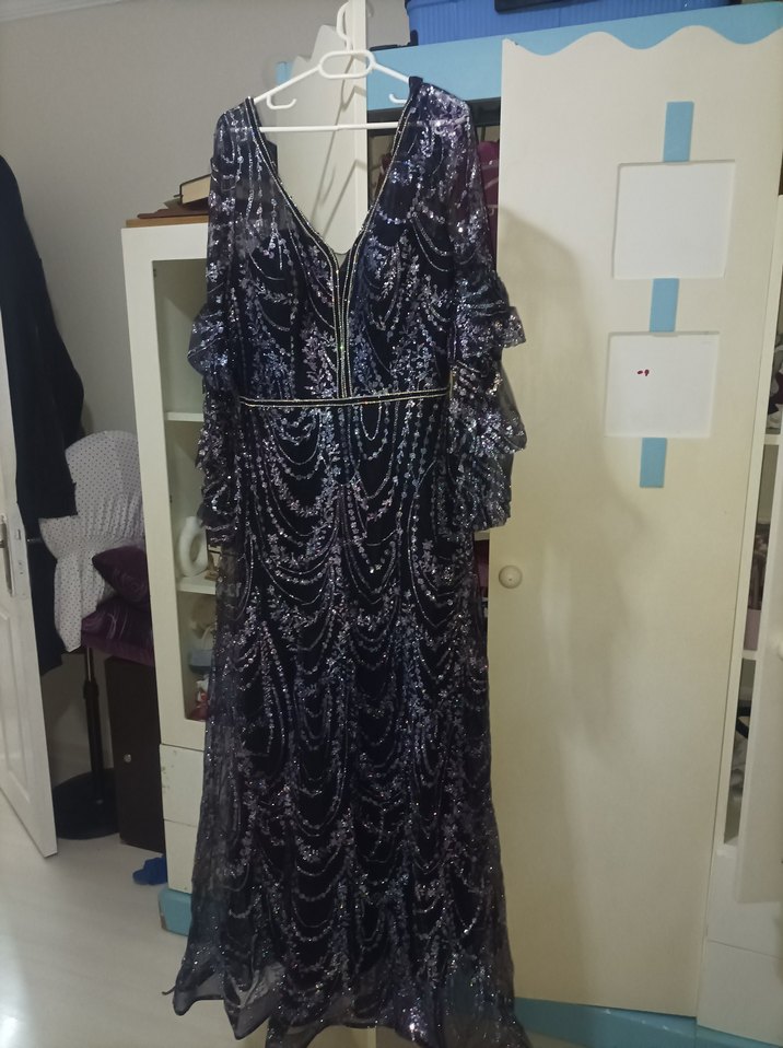 Mor Payetli Uzun Bohem Kadın Elbise abiye L beden - Görsel 2