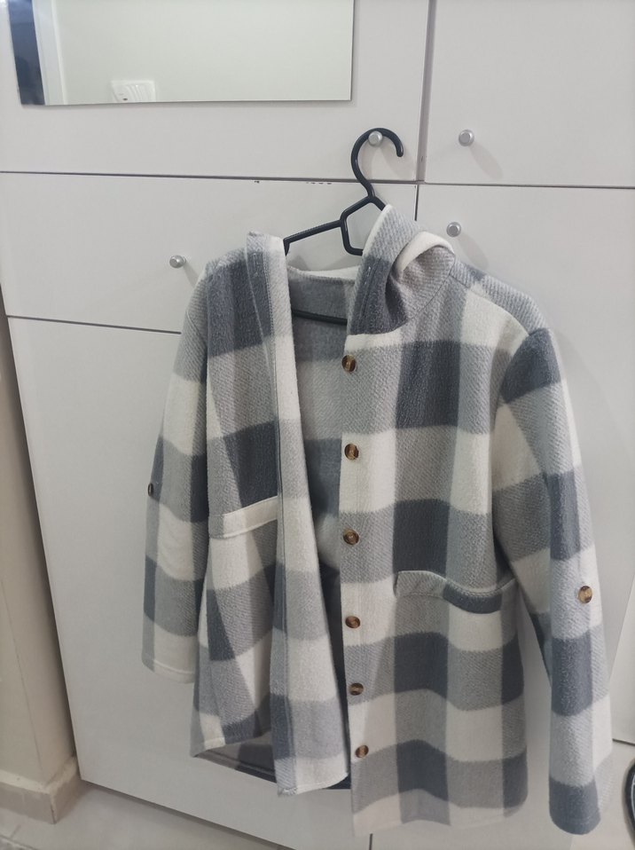 Düğmeli Gri Kareli Midi kaban L beden - Görsel 2