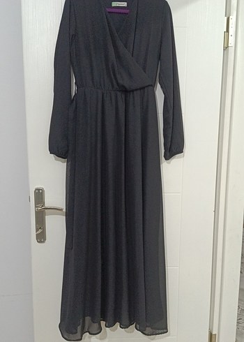 siyah V Yaka Uzun Kollu Salaş Elbise - Görsel 2