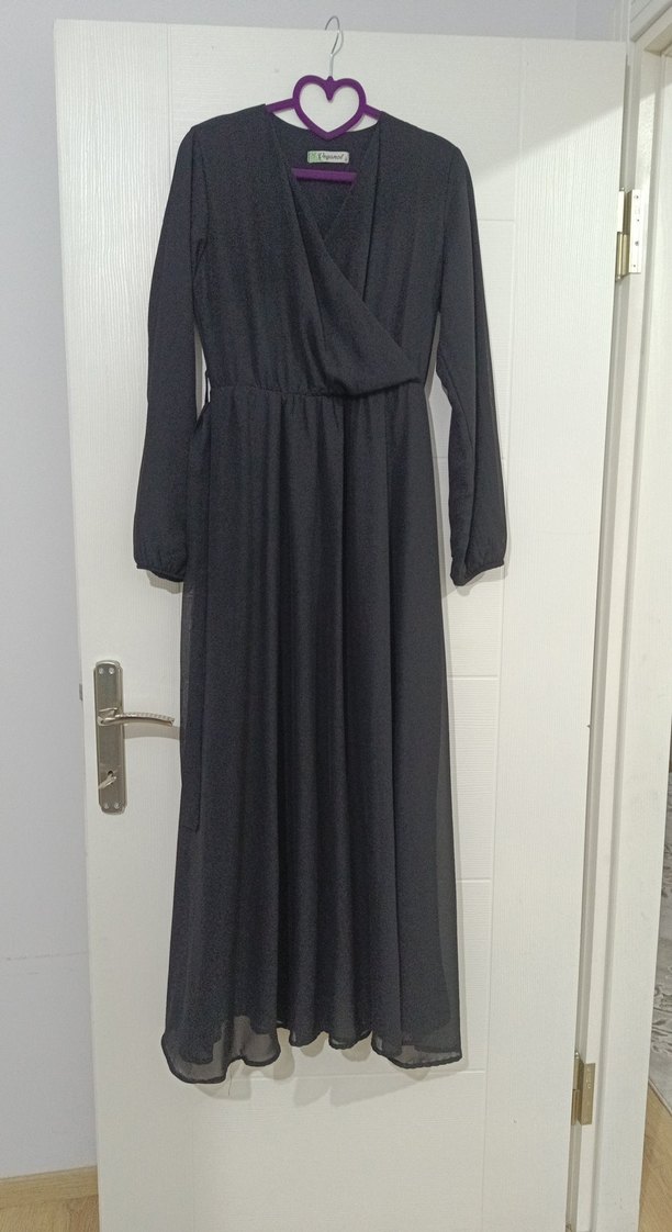 siyah V Yaka Uzun Kollu Salaş Elbise - Görsel 2