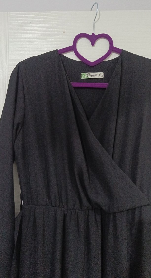 siyah V Yaka Uzun Kollu Salaş Elbise - Görsel 3