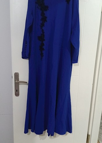 Drapeli Nakışlı Mavi Uzun Kollu Elbise - Görsel 3