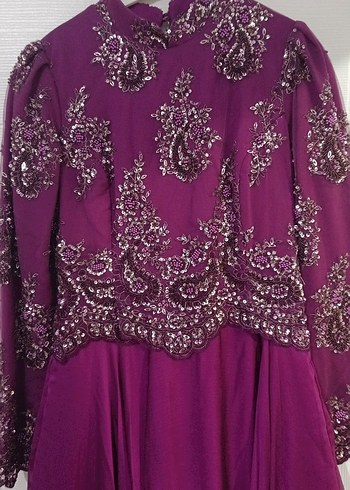 Mor Uzun Kollu İşlemeli Abiye Elbise/ nisanlik - Görsel 2