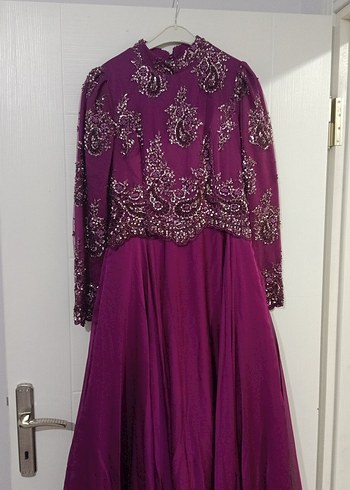 Mor Uzun Kollu İşlemeli Abiye Elbise/ nisanlik - Görsel 3