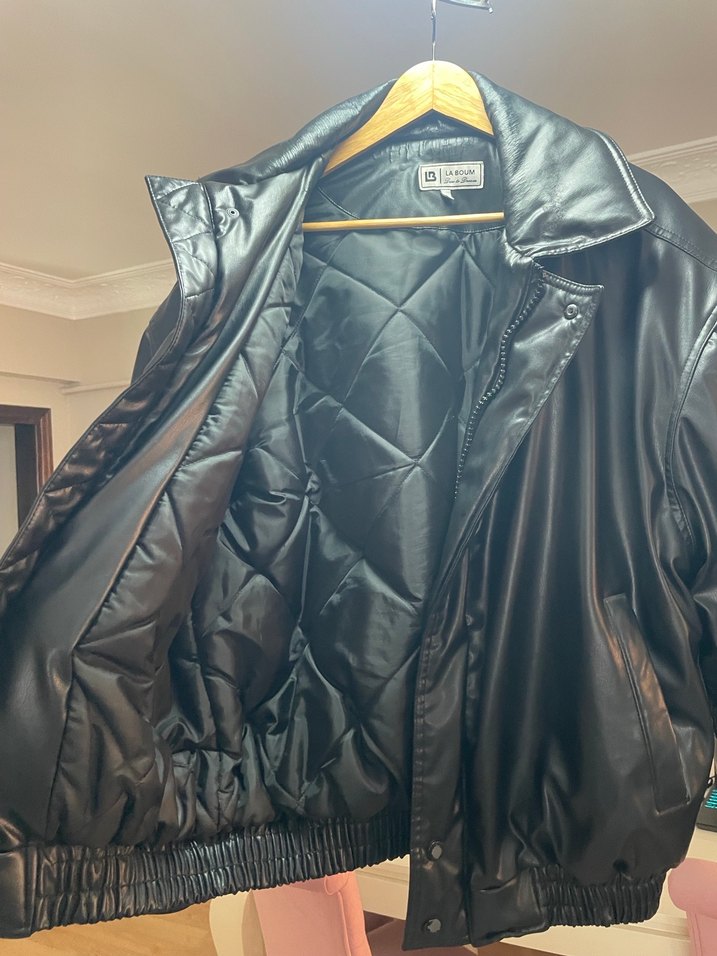 Siyah Deri Fermuarlı Oversize Ceket - Görsel 3