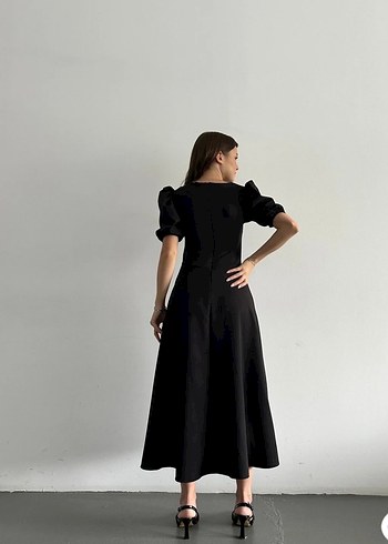 Kadın siyah balon kollu midi elbise - Görsel 4