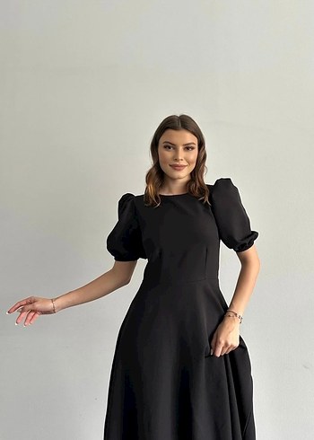 Kadın siyah balon kollu midi elbise - Görsel 2