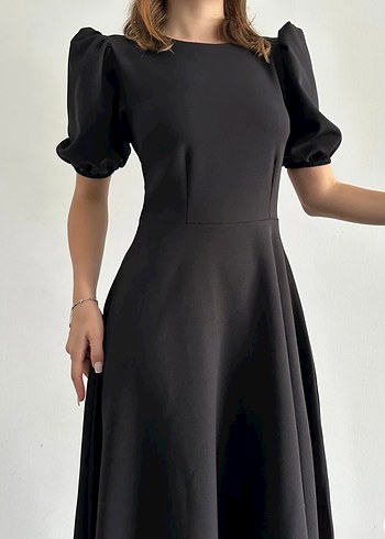 Kadın siyah balon kollu midi elbise - Görsel 3