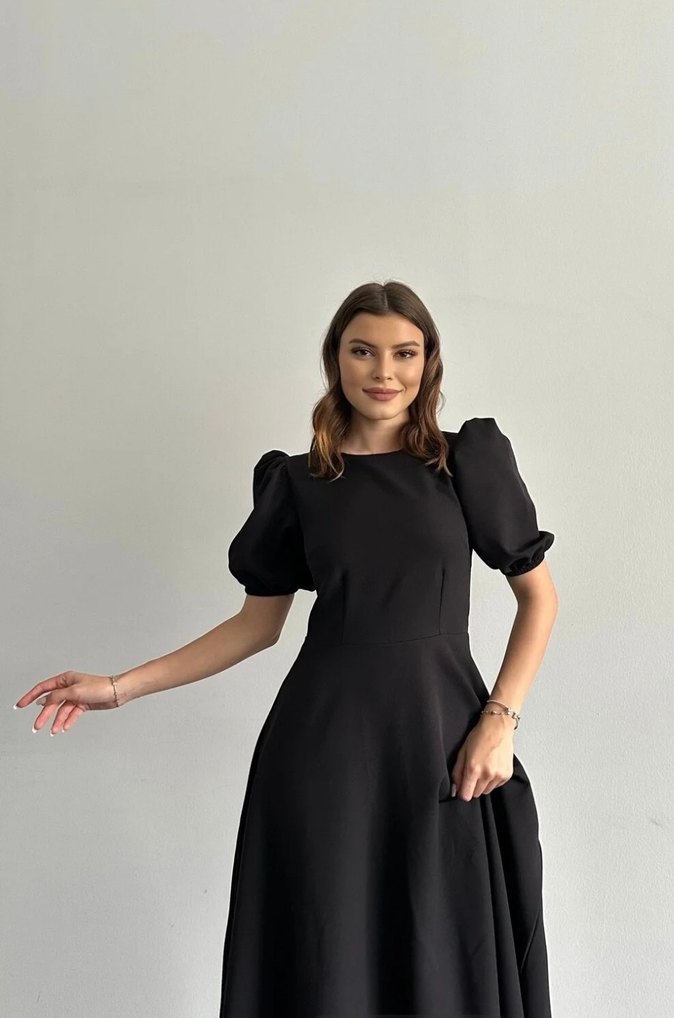 Kadın siyah balon kollu midi elbise - Görsel 2