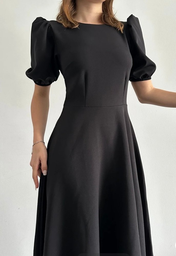 Kadın siyah balon kollu midi elbise - Görsel 3