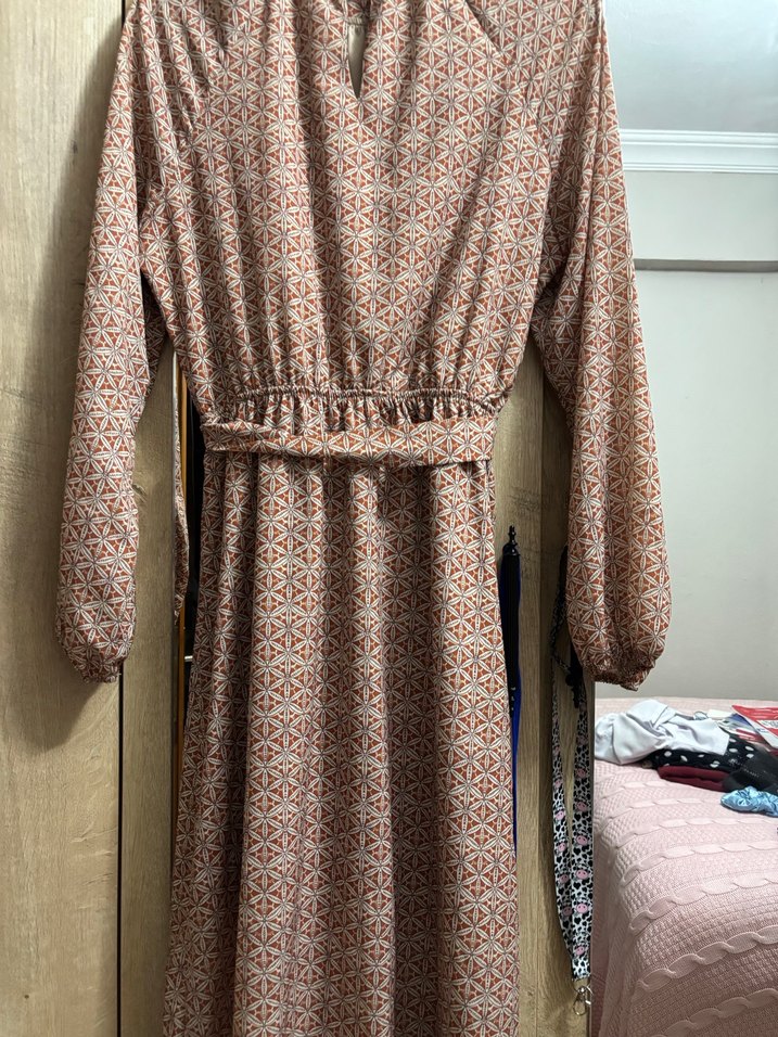 Bej Bağcıklı Bohem Kadın Midi Elbise - Görsel 3