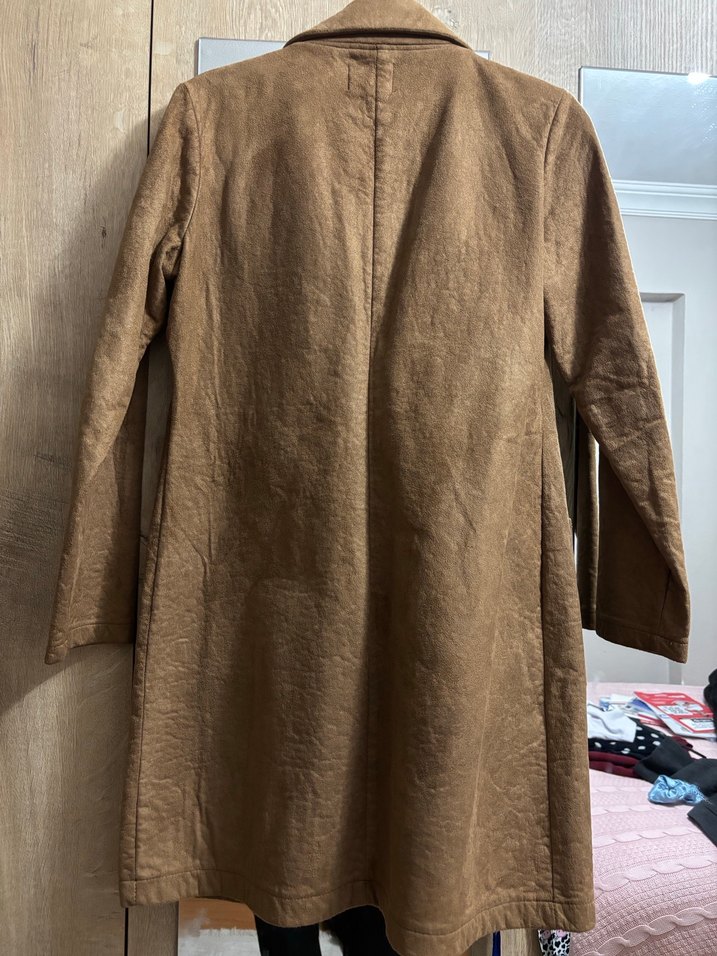 Düğmeli Kahverengi Keten Kadın Kaban - Görsel 2