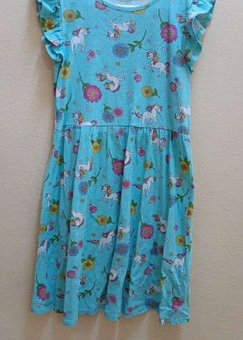 Kız Çocuk Turkuaz Unicorn Desenli Elbise - Görsel 2