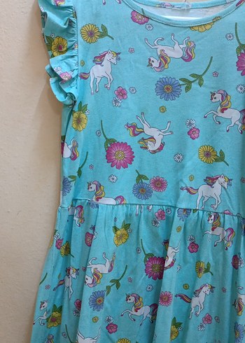 Kız Çocuk Turkuaz Unicorn Desenli Elbise - Görsel 3