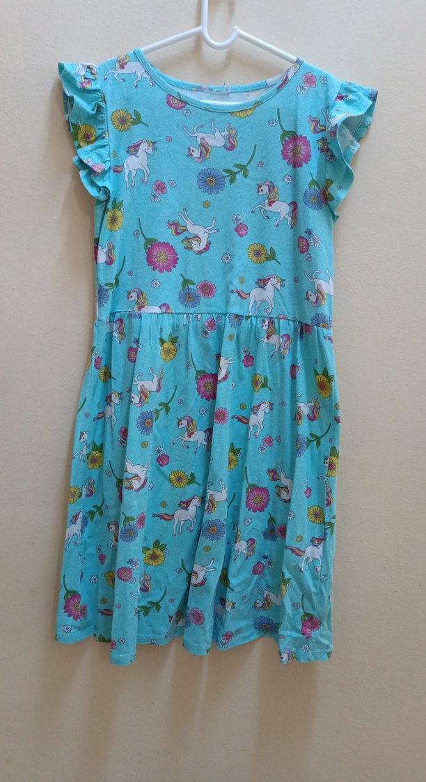 Kız Çocuk Turkuaz Unicorn Desenli Elbise - Görsel 2