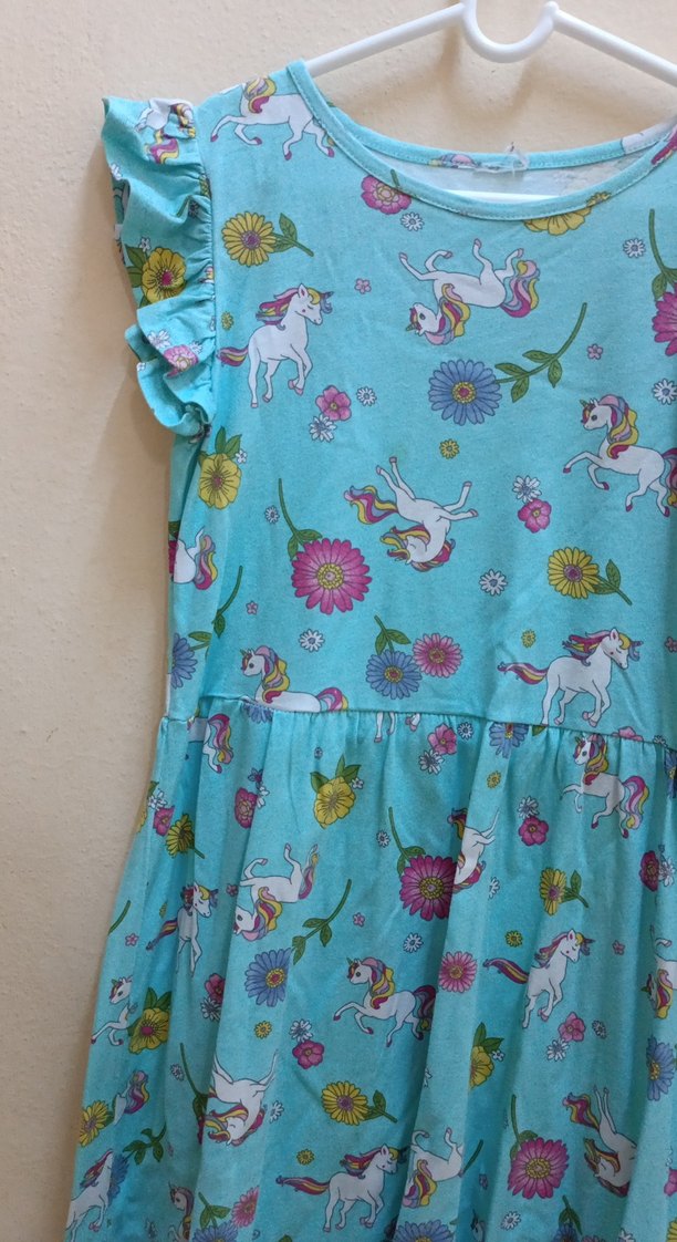 Kız Çocuk Turkuaz Unicorn Desenli Elbise - Görsel 3