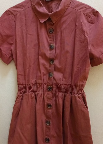 Düğmeli Kısa Kol kiremit rengi Midi Elbise - Görsel 3