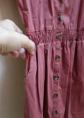 Düğmeli Kısa Kol kiremit rengi Midi Elbise - Görsel 5