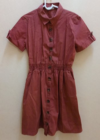 Düğmeli Kısa Kol kiremit rengi Midi Elbise - Görsel 2