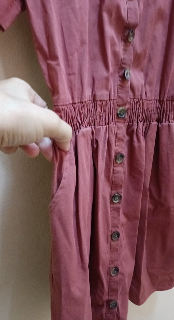 Düğmeli Kısa Kol kiremit rengi Midi Elbise - Görsel 5