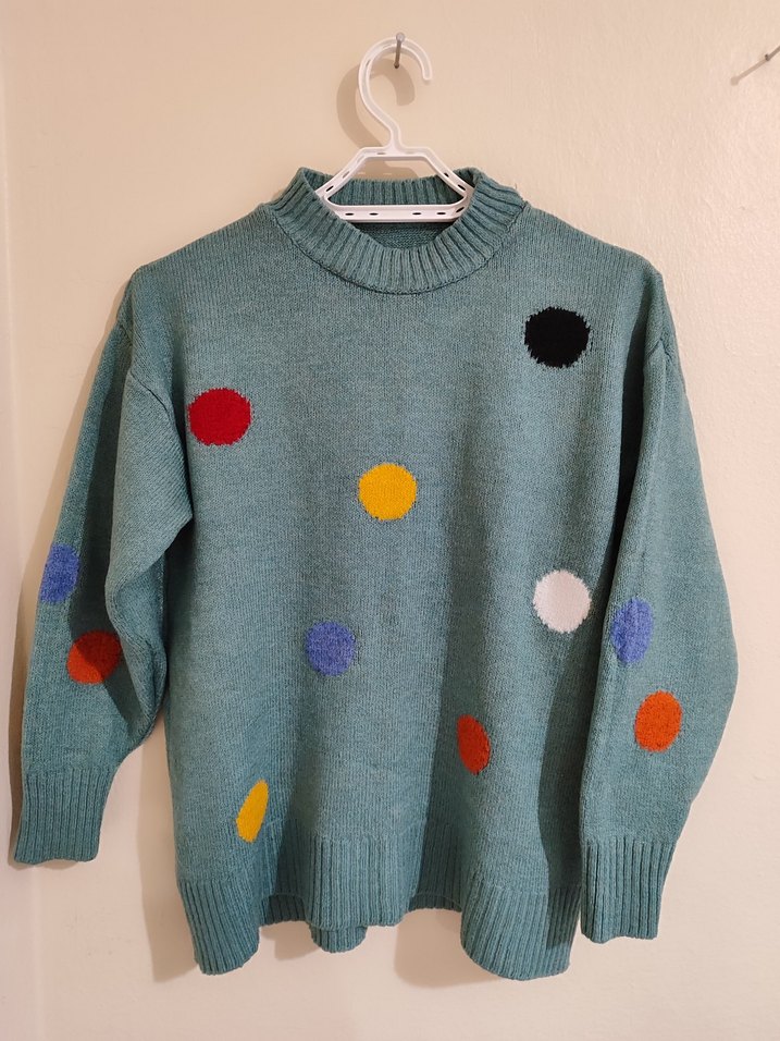 Renkli Puantiyeli Kadın Triko Oversize Kazak - Görsel 3