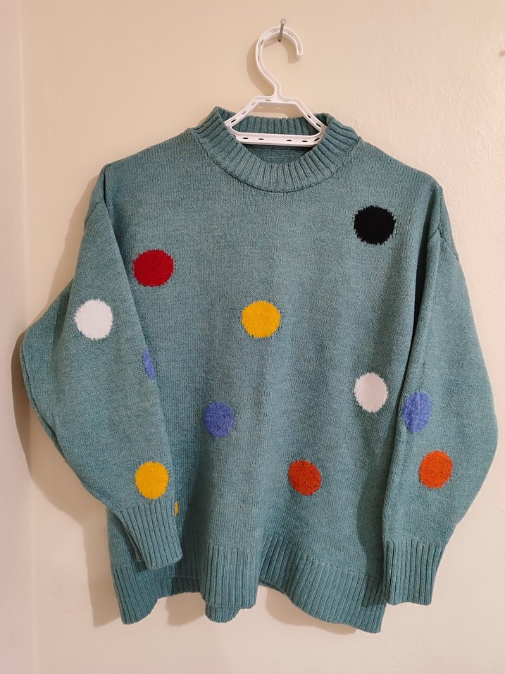 Renkli Puantiyeli Kadın Triko Oversize Kazak - Görsel 2