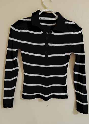 Düğmeli Siyah Beyaz Çizgili Kadın Kazak - Görsel 3