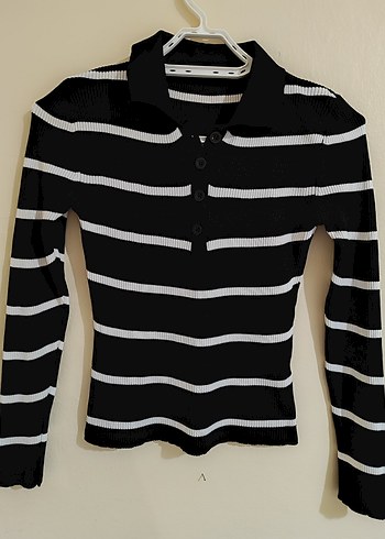 Düğmeli Siyah Beyaz Çizgili Kadın Kazak - Görsel 2
