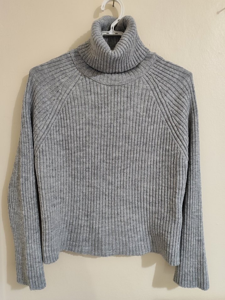 Gri Kadın Boğazlı Fitilli Triko Kazak - Görsel 3