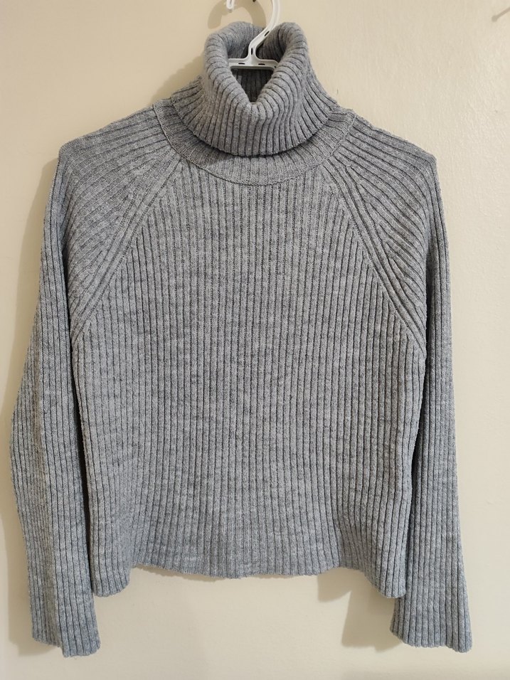 Gri Kadın Boğazlı Fitilli Triko Kazak - Görsel 2