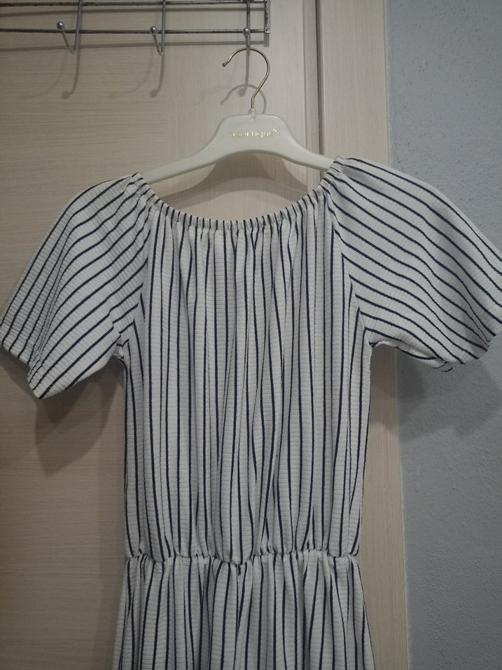 Kadın siyah beyaz Çizgili Uzun Tulum - Görsel 2