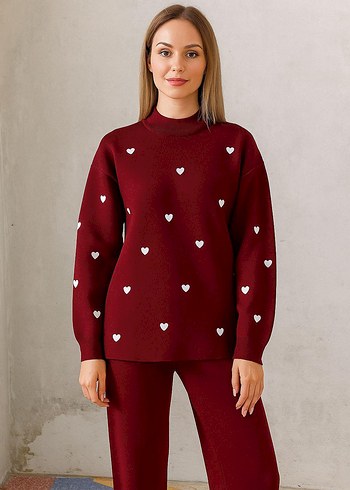 Bordo Kadın Örgü Bisiklet Yaka Kazak - Görsel 2