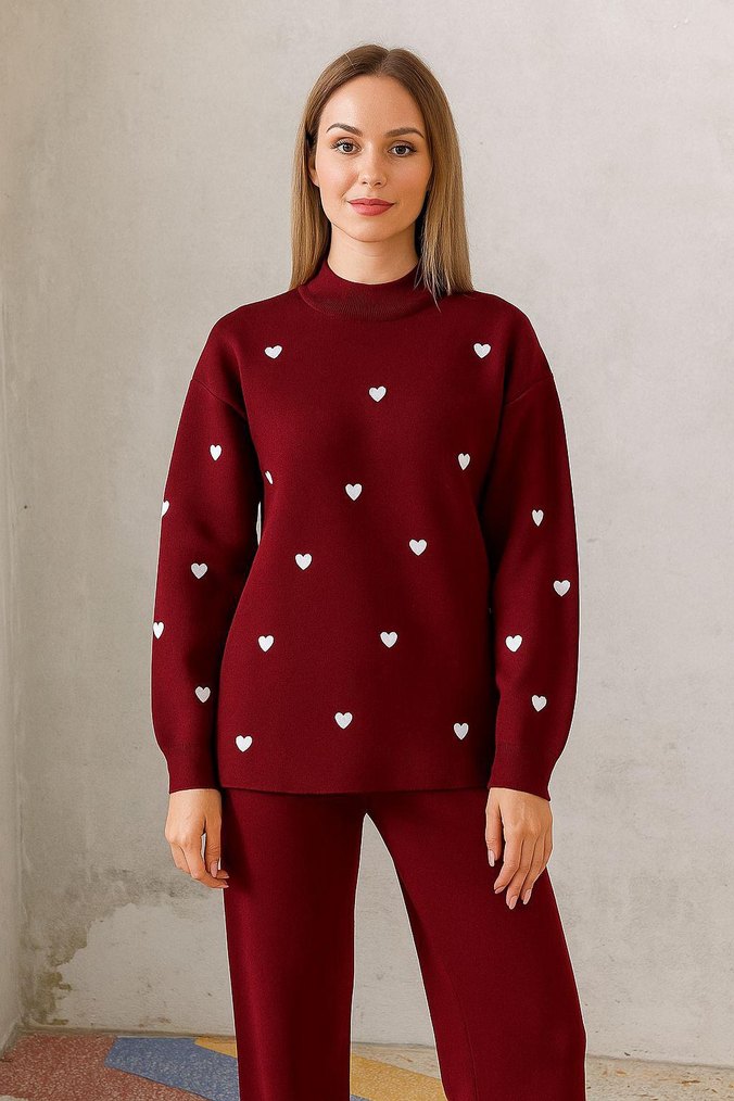 Bordo Kadın Örgü Bisiklet Yaka Kazak - Görsel 2